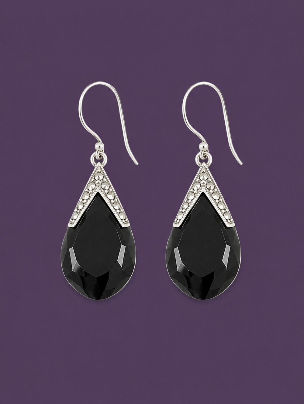 VTG Estate Art Deco Onyx Sterling Silver Teardrop Dangle Hook Earrings